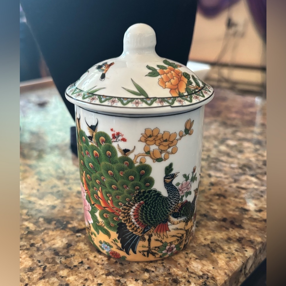 Hand-Painted Peacock Porcelain Lidded Mug | Floral Chinese Art Cup Famille Rose